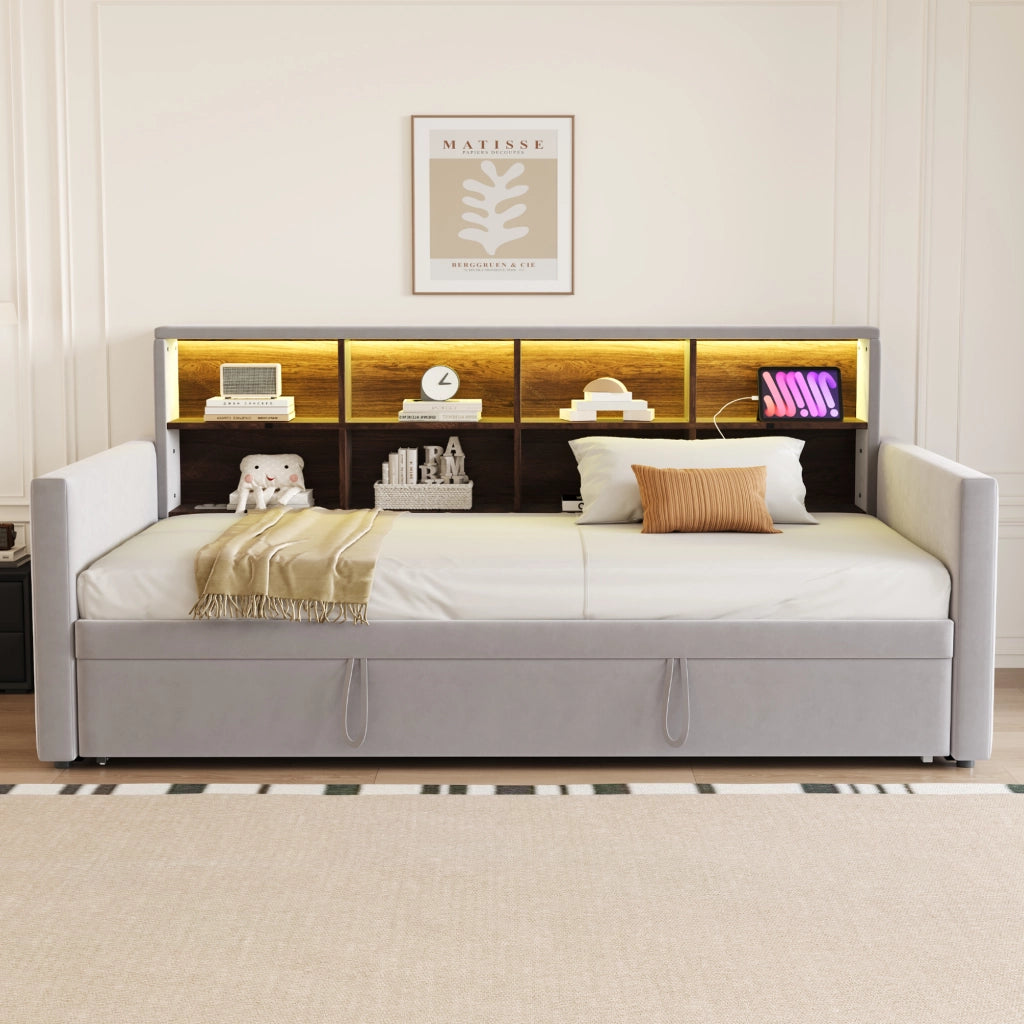 Letto imbottito estraibile 90x190 cm con testiera contenitore, luci LED, prese di ricarica e rete a doghe, colore grigio chiaro