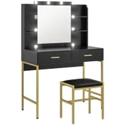 Tavolo da Trucco con 2 Cassetti, 6 Ripiani, Specchio e Sgabello, in Legno e Acciaio, 90x45x132.5 cm, Nero