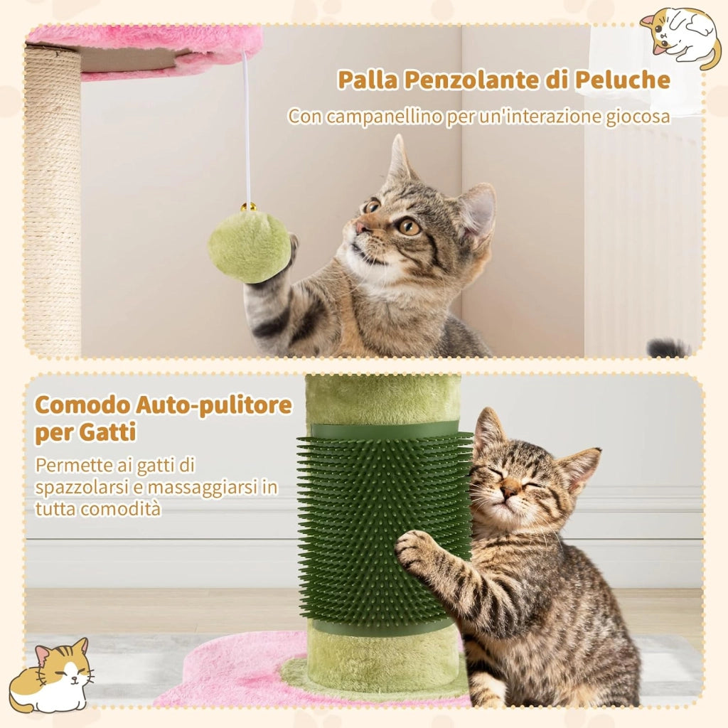 Albero per Gatti da Interno Alto 69 cm, Tiragraffi per Gatti a Forma di Fiore con Piedistallo Imbottito in Pile, Tiragraffi in Sisal e Pallina Appesa, Mobili per Gattini a Più Livelli (Rosa)