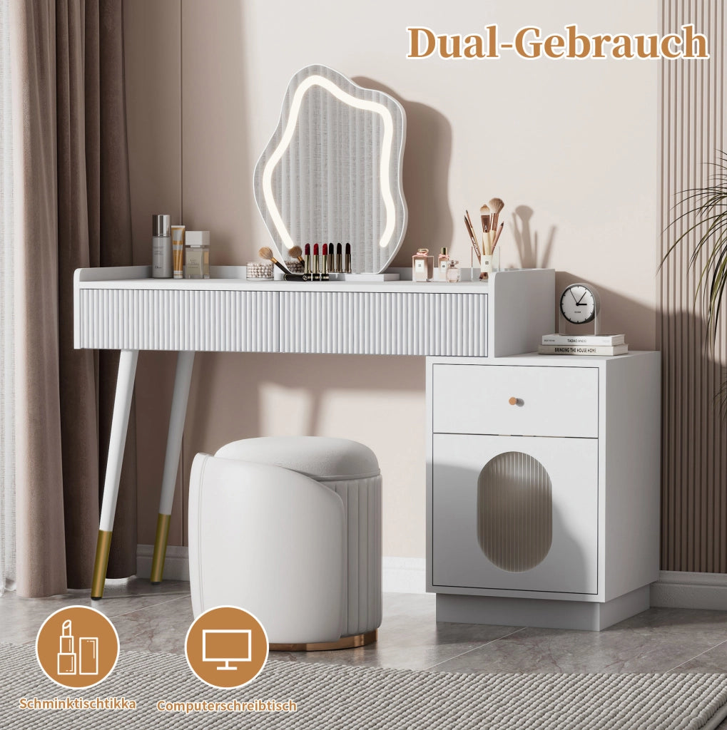 Toeletta bianca con LED touch, 2 cassetti e mobile laterale, 100x40x75 cm