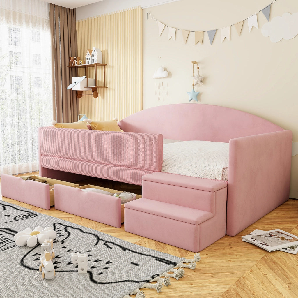 Letto imbottito per bambini 90x190 cm rosa con 2 cassetti, sponde e gradini