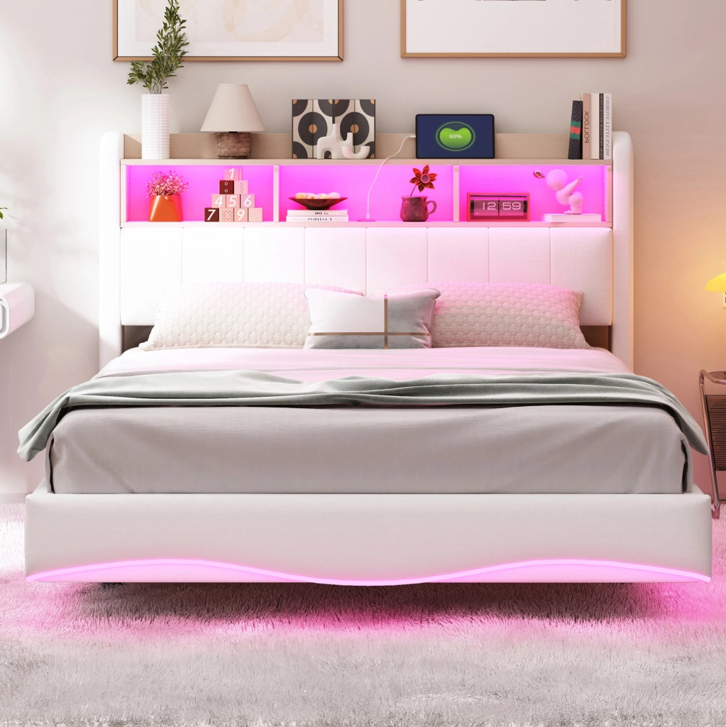 Letto matrimoniale imbottito sospeso 140x200 cm con LED; USB e Type-C; beige
