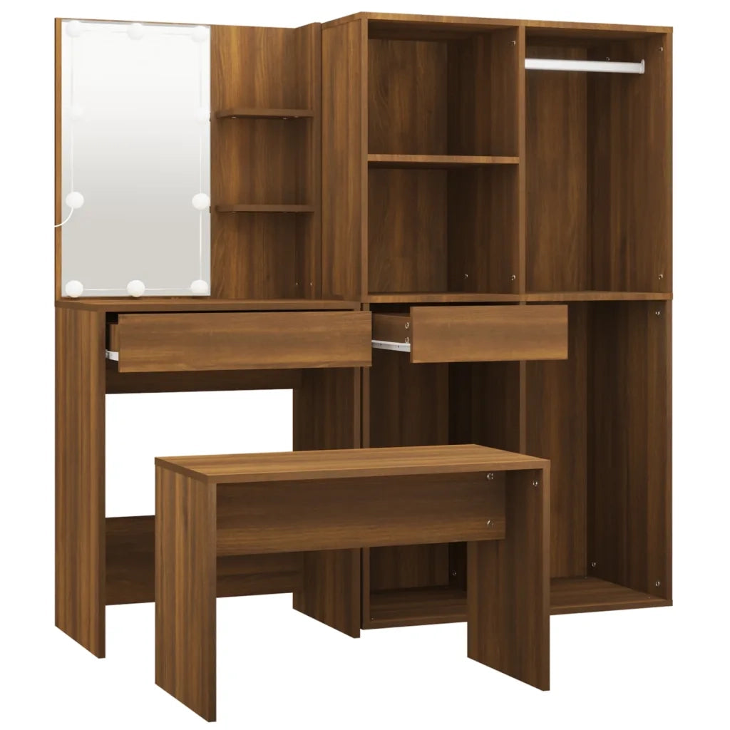 Set Tavolo da Toeletta con LED Rovere Marrone Legno Multistrato