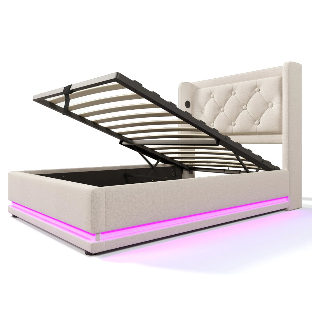 Letto singolo imbottito 90x200 cm beige con contenitore idraulico, testiera con USB Type-C e LED a 3 lati, con materasso