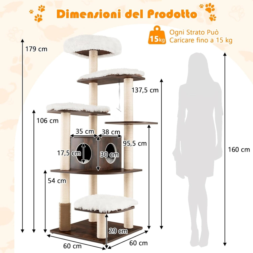 Tiragraffi per Gatti Adulti, Tiragraffi per Gatti con Cuccia, Piattaforma, Cuscini e Tiragraffi, Albero Tiragraffi per Gatti Grandi Alto in Legno, 60 x 60 x 160 cm