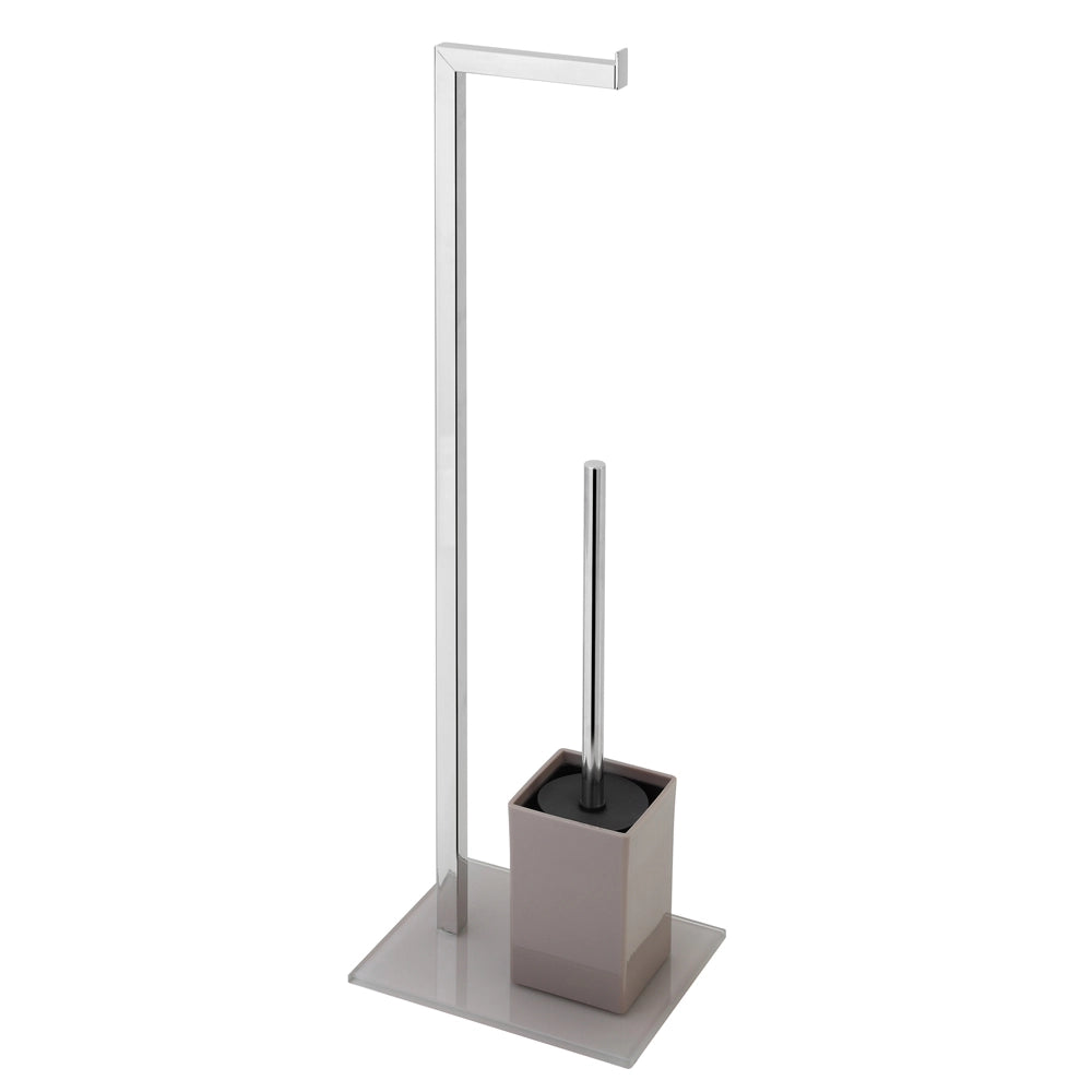 Piantana porta rotolo e scopino bagno acciaio base vetro tortora 22x18xh.70,5 cm