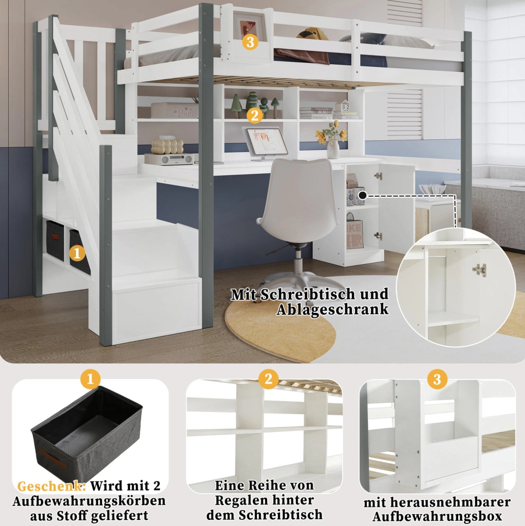 Letto semialto 90x200 cm con scrivania; libreria e scala laterale con contenitore; legno e MDF bianco e grigio