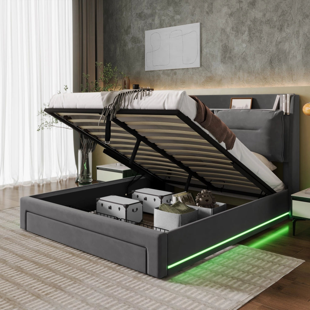 OKWISH Letto Contenitore 140×190 cm, Letto Matrimoniale con Sollevamento Idraulico, 1 Cassetto 2 in 1 e LED Regolabile, senza Materasso, in Velluto, Grigio Scuro