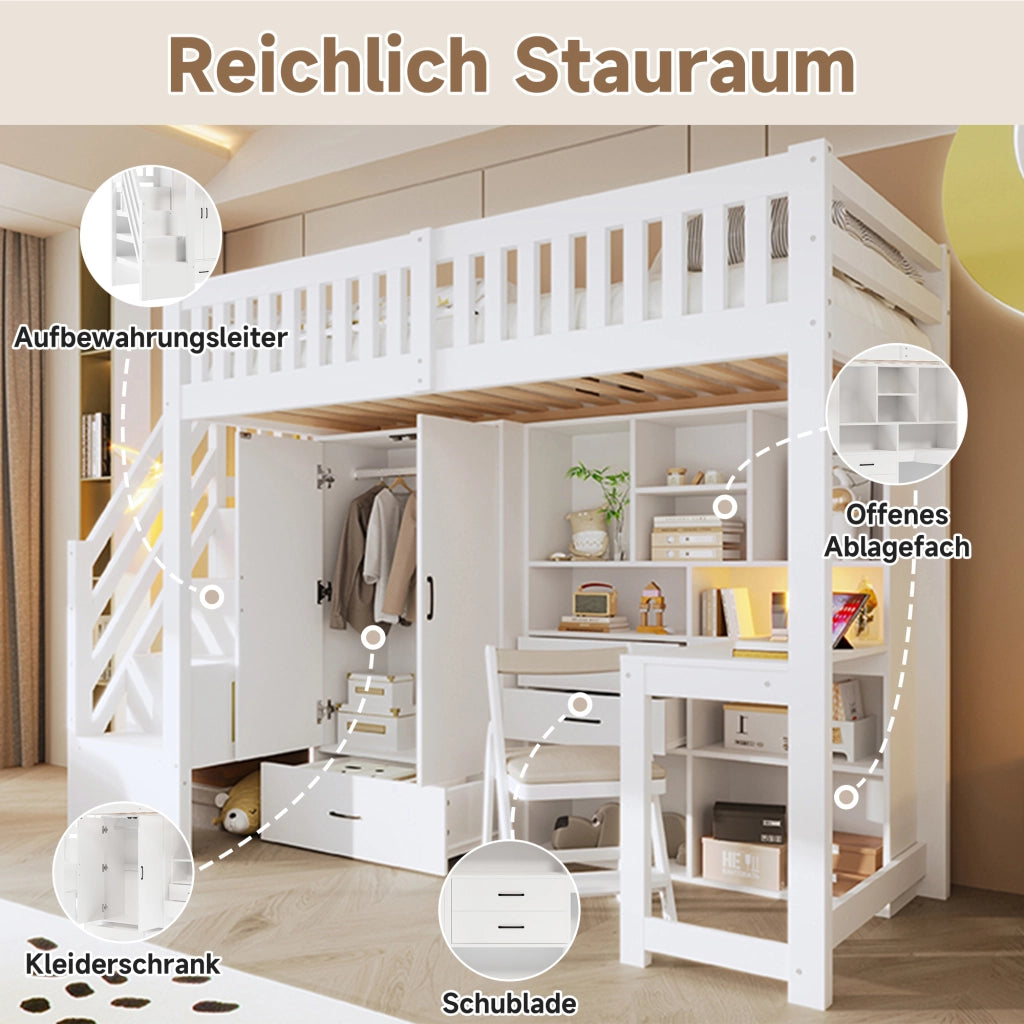 Letto a soppalco con scala contenitore, armadio e scrivania, 90x200 cm, bianco