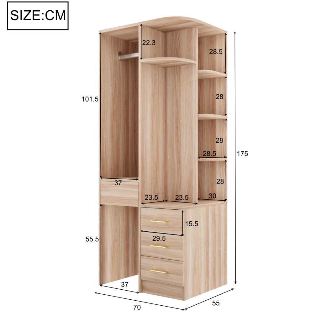 Scaffale guardaroba moderno con appendiabiti ripiani a più livelli e cassetti in MDF color legno 70 × 55 × 175 cm