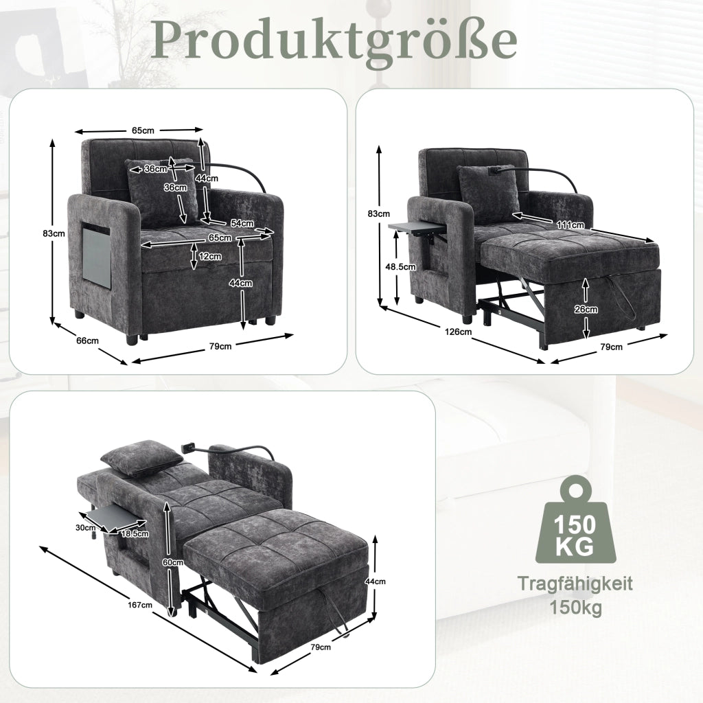 Poltrona Letto 1 Posto con Schienale Reclinabile, Contenitore e Vassoio, in Chenille Grigio Scuro