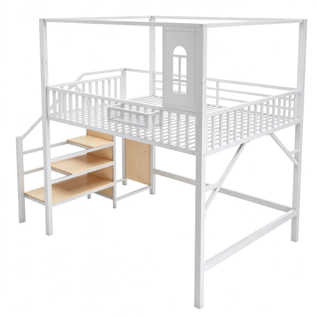 Letto a soppalco in metallo con struttura superiore e scala, 140x200 cm