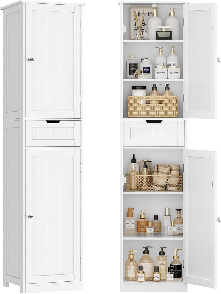 Mobile da Bagno Salvaspazio Stretto e Alto con Cassetto, Armadietto Bagno Moderno 2 Ante + 1 Cassetto 40x30x170 cm, Bianco