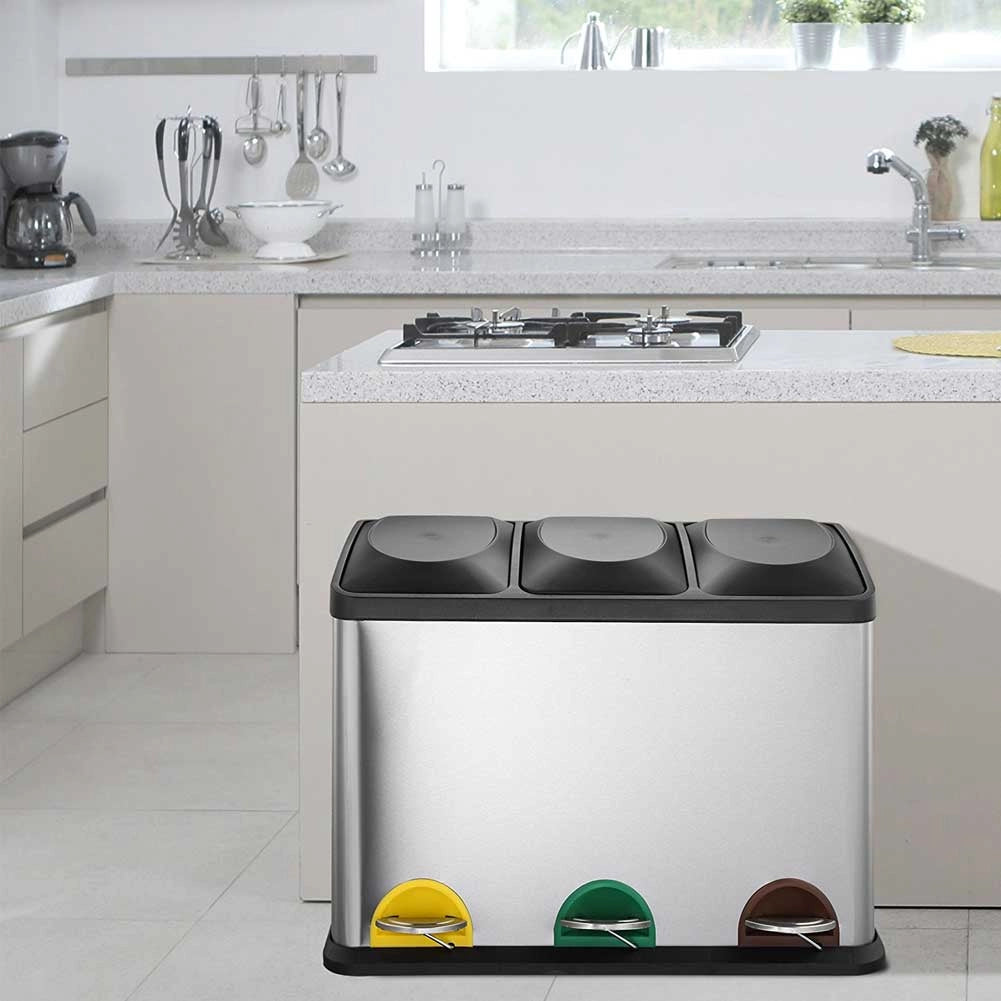 Pattumiera Raccolta Differenziata Acciaio 45LT 3 Scomparti con Pedale Silver Nero