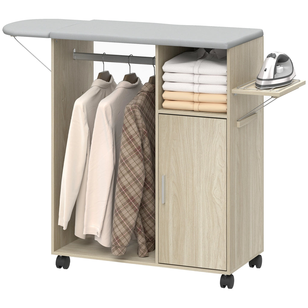 Mobile Asse da Stiro con Piano d'Appoggio, 3 Ripiani a Cubo e Guida ¨C Zephmum ¨C 127x42.5x99 cm, Effetto Lino