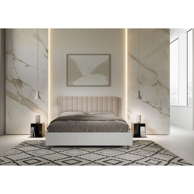 Letto Matrimoniale 160x200 cm struttura bianco frassino testata Kaia - Con rete,Microfibra,Sabbia