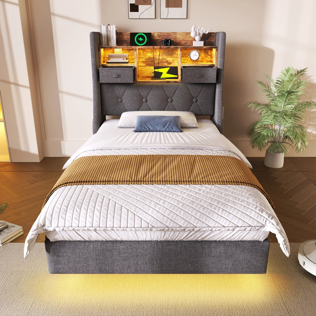 LETTO 90x200 cm Grigio in Lino con testiera LED e materasso incluso