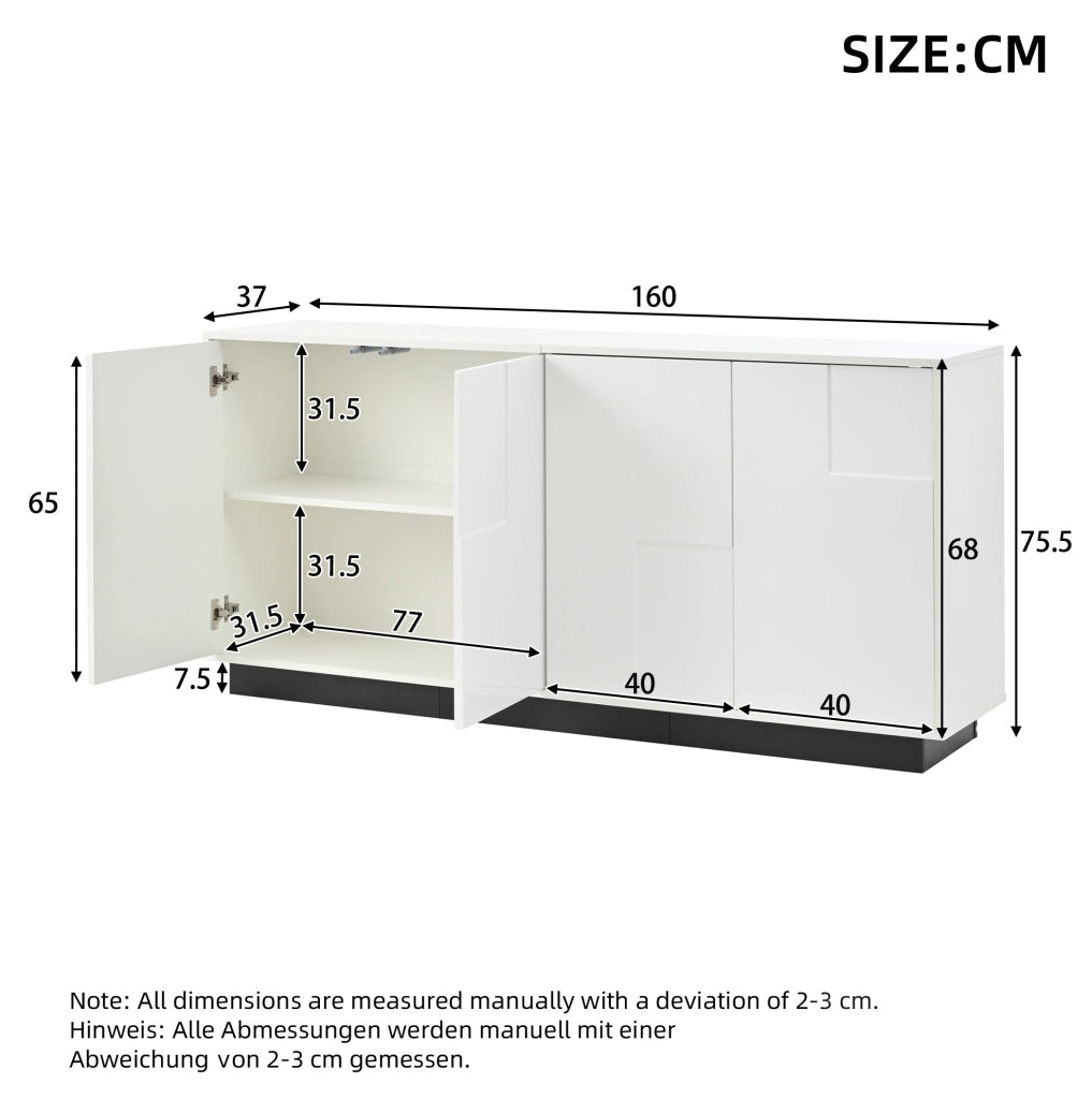 Credenza ULEVR 160x37x75,5 cm con 4 ante push-to-open e 2 ripiani, bianco lucido e nero