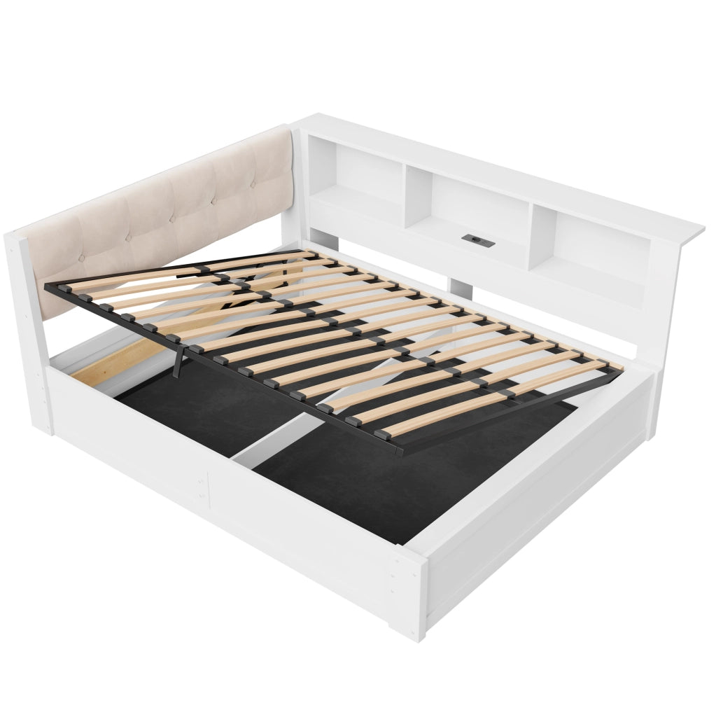 Letto singolo 140x200 cm con contenitore laterale; LED; USB e mensola; bianco