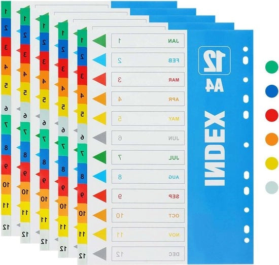Confezionatore di file 5-pack - A4 12 parti - Numerato 1-12 - Cartucce colorate con punta a punta - Distributore di colla in plastica - 6 colori