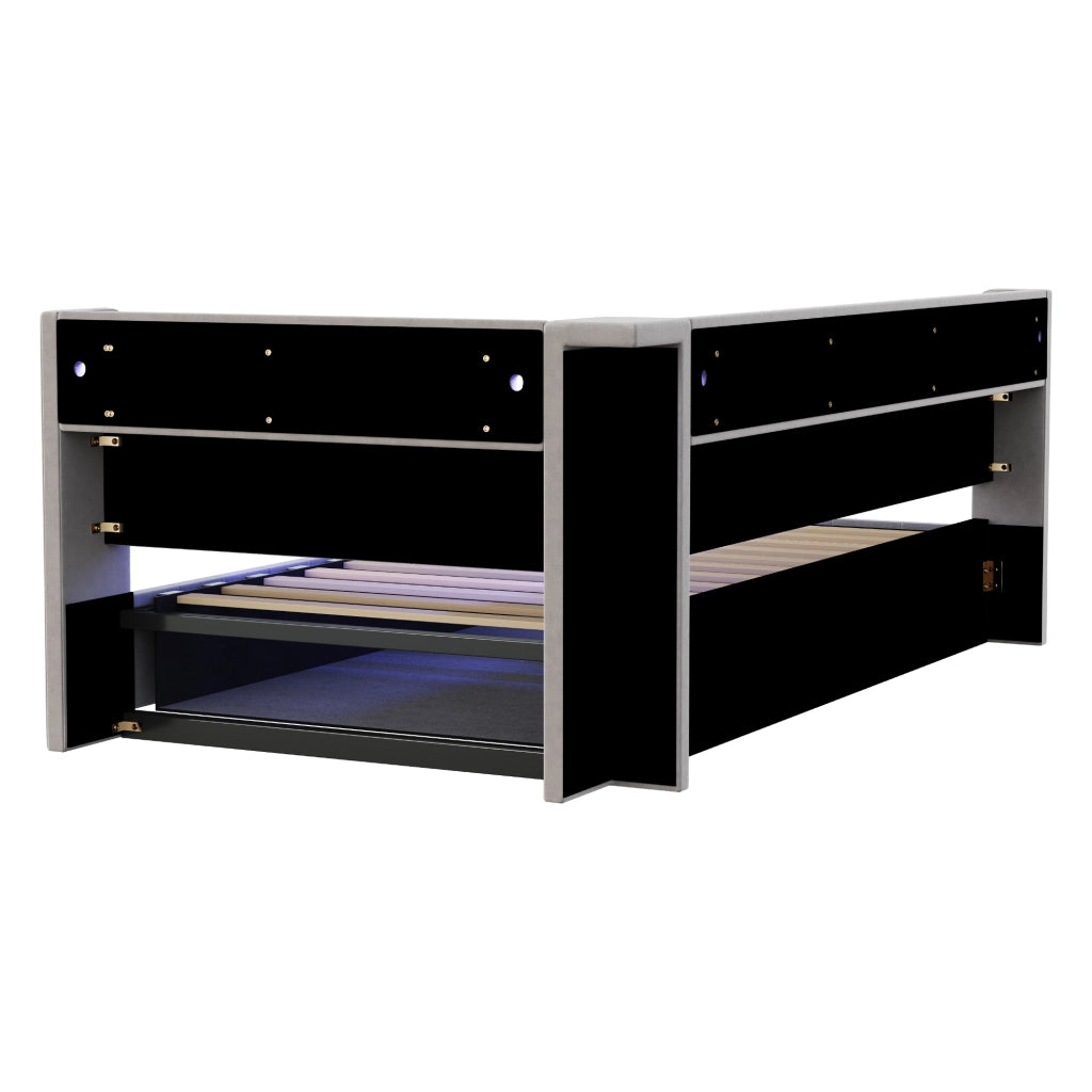 DESMIU Letto imbottito 90 × 200 cm 1 posto con vano contenitore idraulico, ripiani, LED, USB e Type-C, senza materasso, grigio chiaro