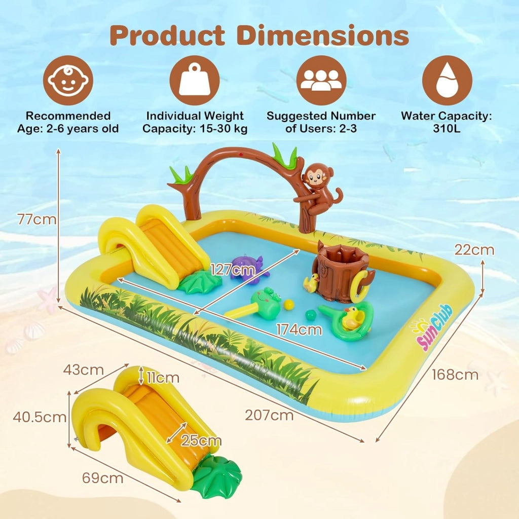 Piscina Gonfiabile per Bambini, Piscinetta Fuori Terra con Scivolo, Giocattoli di Scimmia, Ippopotamo e Anatra, Parco Gioco Acquatico Esterno per Giardino e Cortile, per Bambini 2-6 Anni