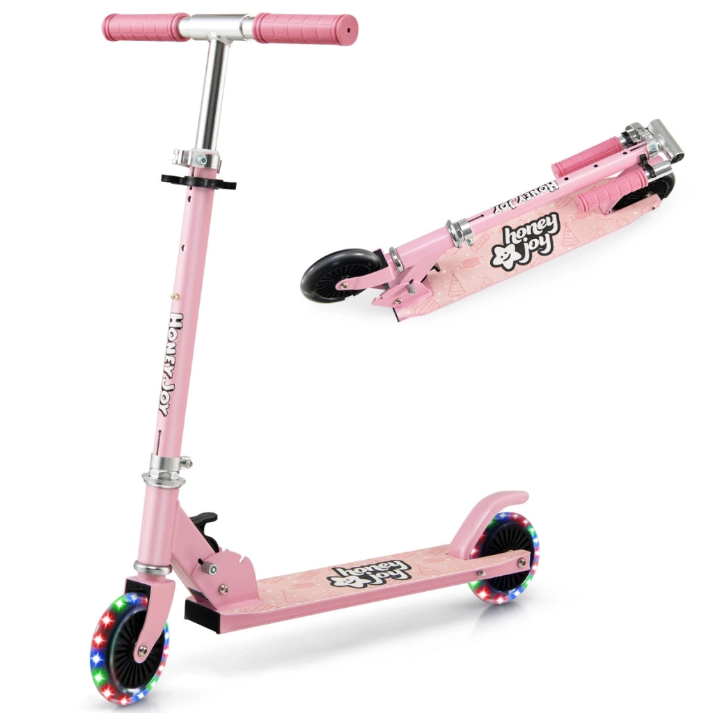 Monopattino per bambini con ruote a led manubrio regolabile, Monopattino per bambini con meccanismo pieghevole Rosa-Monopattini