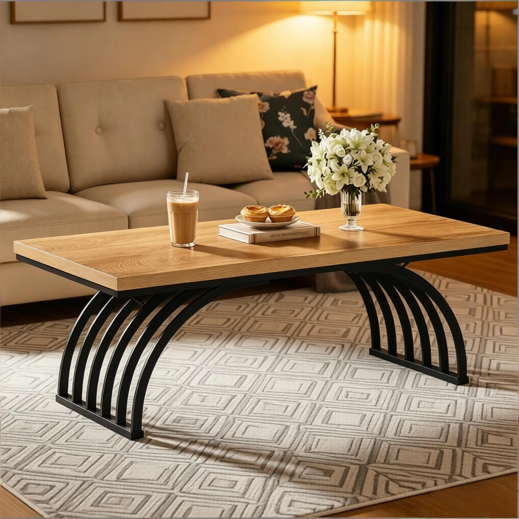 Tavolino basso con piano da 120 cm e struttura in metallo design aperto per soggiorno in metallo e legno nero marrone