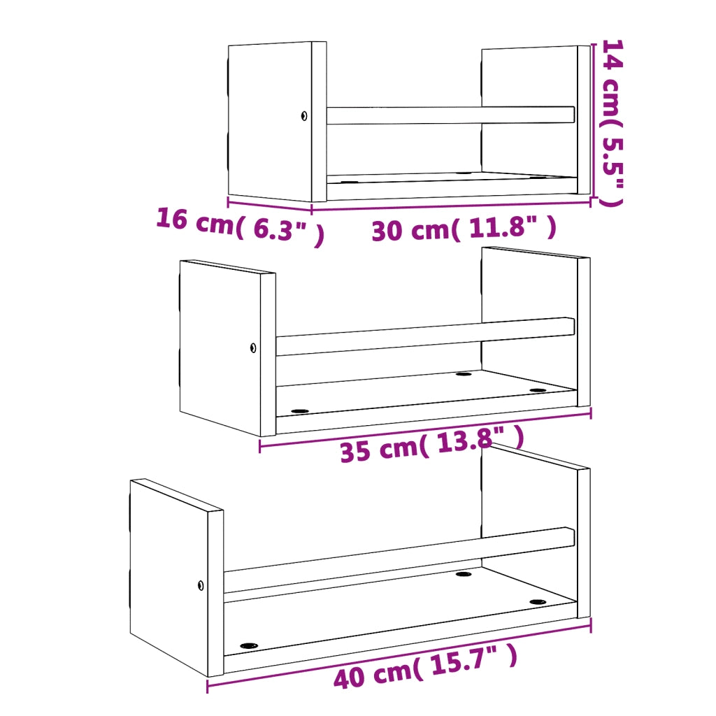 3 pz Set Mensole Parete | Mensola sospesa con Aste Grigio Sonoma Legno Multistrato