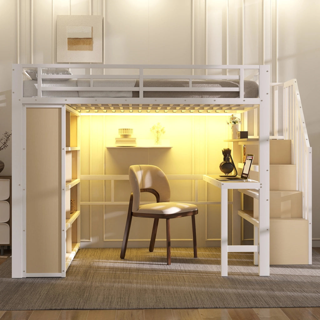 Letto a soppalco matrimoniale 140×200 cm con scrivania; ripiani; scale contenitore e LED; senza materasso; bianco