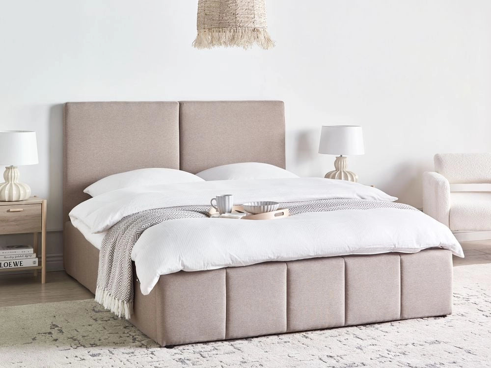 Letto matrimoniale con contenitore rivestito in tessuto tortora 160 x 200 cm camera da letto elegante