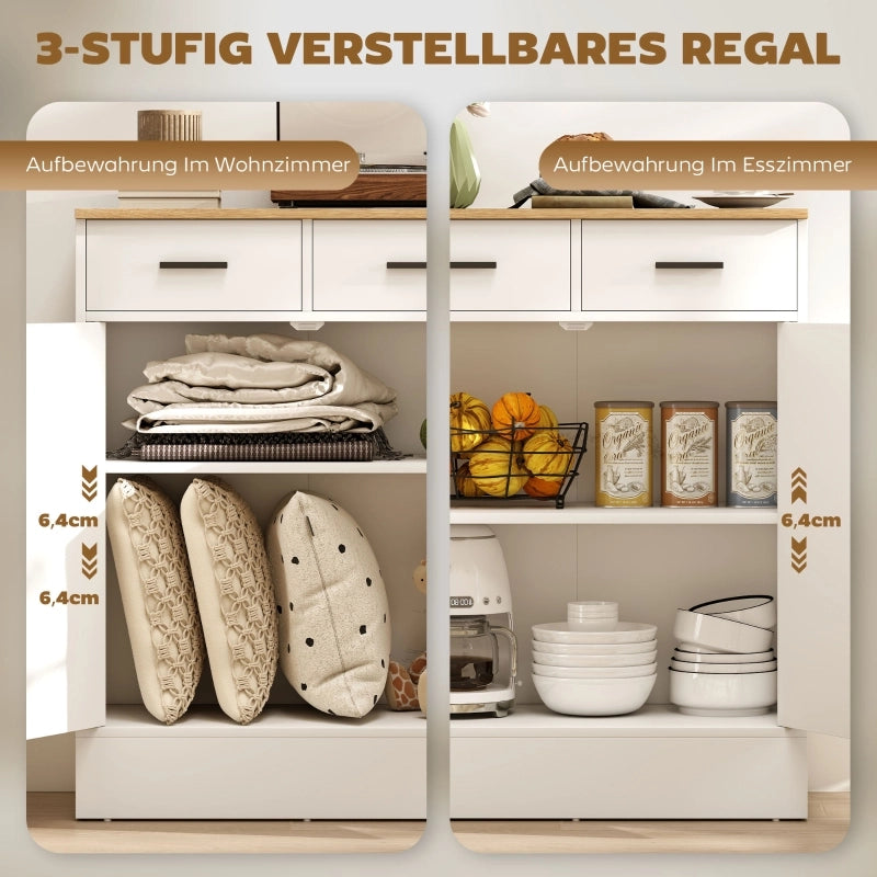 Credenza con 2 cassetti; ripiano regolabile e 2 vani; per soggiorno e cucina; in legno bianco; 68.6×35×90.3 cm
