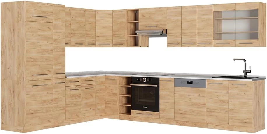 Cucina angolare completa Fame-Line, Quercia dorata, 347 x 60 cm, PL Marmo, per l'espansione personalizzata con moduli aggiuntivi compatibili