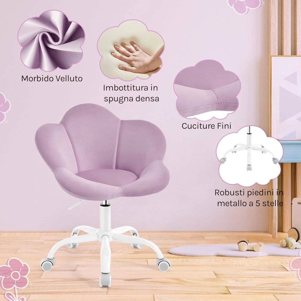 Sedia da Scrivania per Bambini, Sedia Ufficio Ergonomica Girevole e Regolabile in Altezza con Rotelle, Seduta a Forma di Fiore per Studio, Camera da Letto, Velluto, Viola Pastello