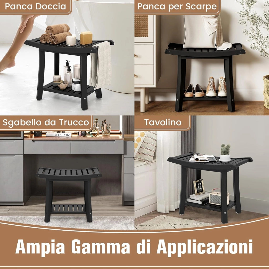 Sgabello da Doccia, Sgabello da Bagno Impermeabile con Sedile Curvo, con Portasciugamani e Piedini Antiscivoli, Panca Versatile con Ripiano, 60,5 x 34 x 48 cm (Nero)