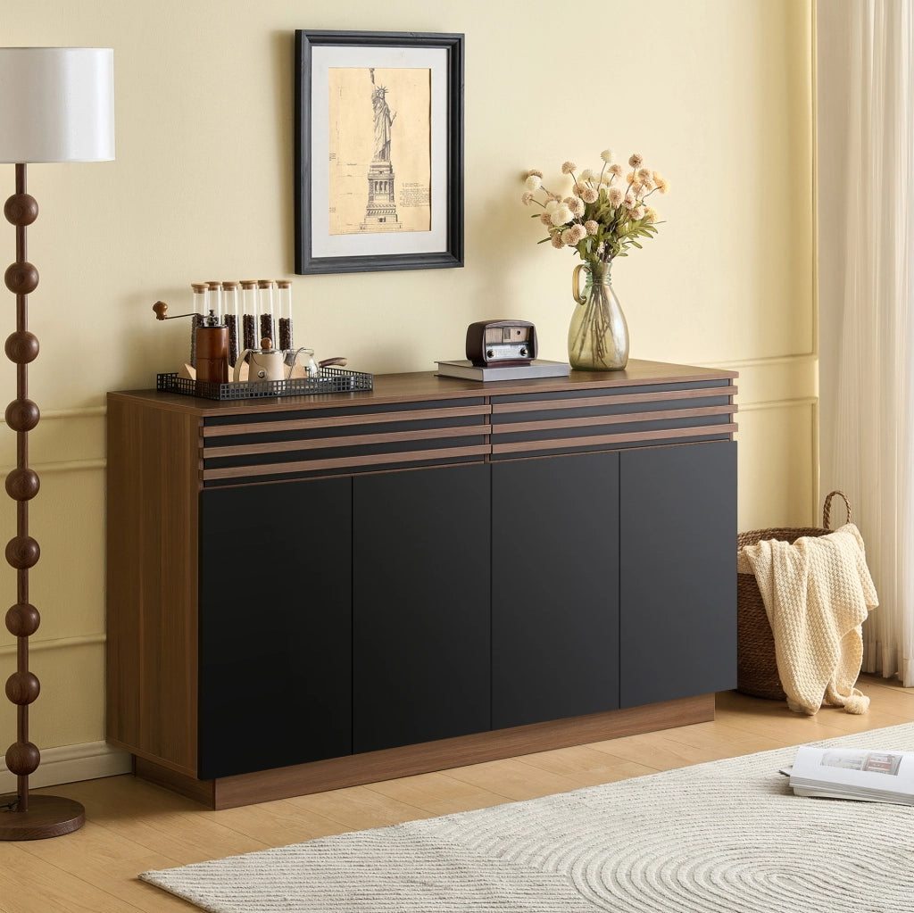 Credenza ULEVR 150x40x85 cm con 4 ante e 2 cassetti, mobile contenitore in MDF nero e marrone