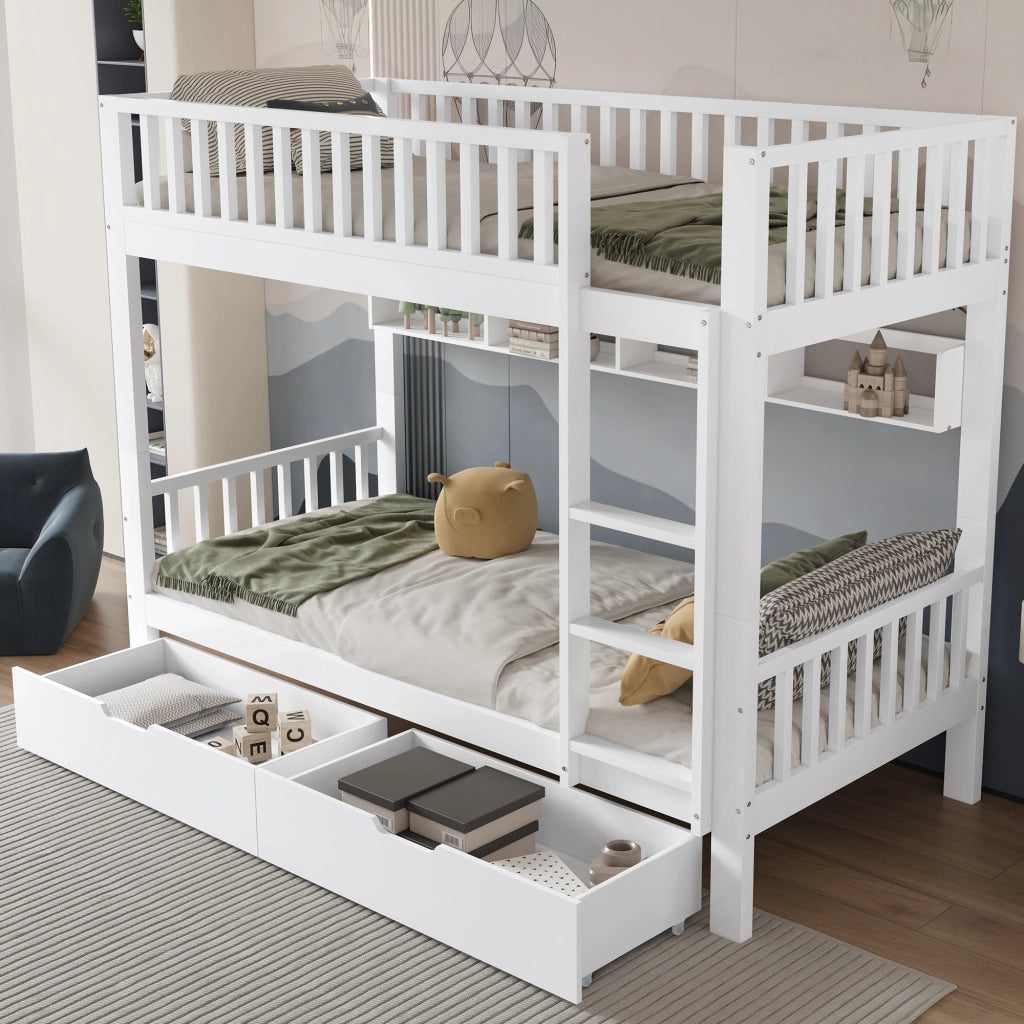 Letto a soppalco per bambini - Zephmum- 3 piani, scala, griglia di sicurezza, ripiani, cassetti, bianco, 90x200cm