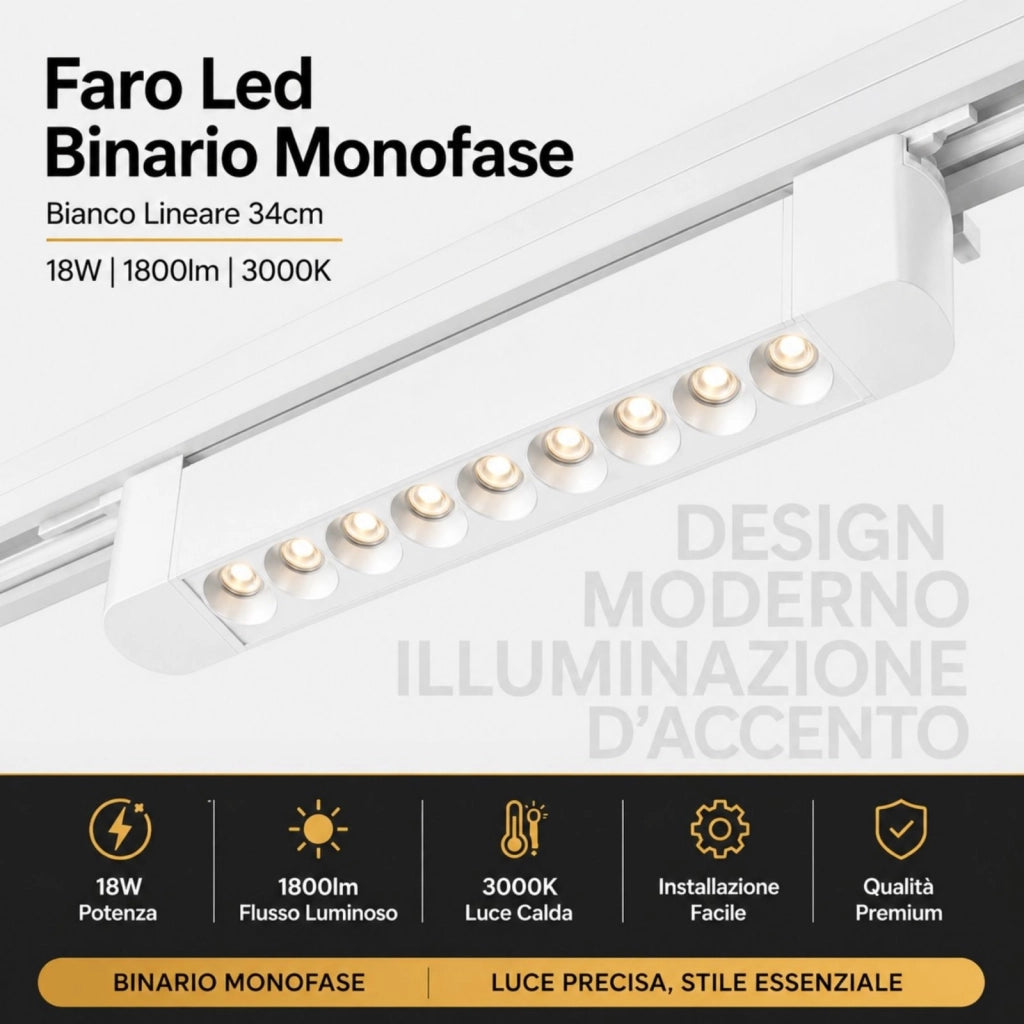 Faro Led Binario Monofase, Bianco Lineare 34cm 18W 1800lm 24° Orientabile, Disponibili 3000K 4000K (Bianco Caldo 3000K)