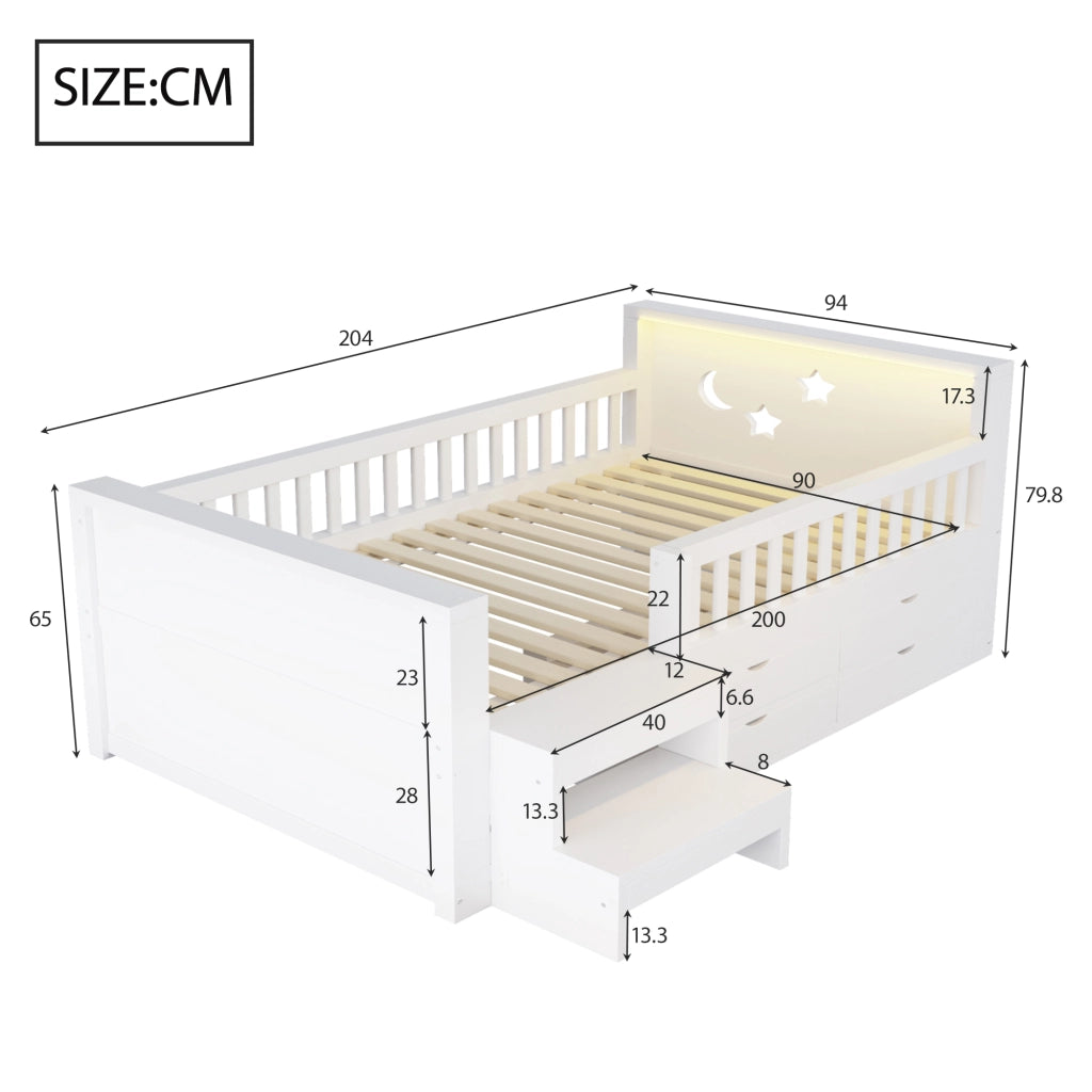 Letto singolo per bambini 90x200 cm con 4 cassetti; testiera stelle e luna; gradino; sponda e LED; legno bianco