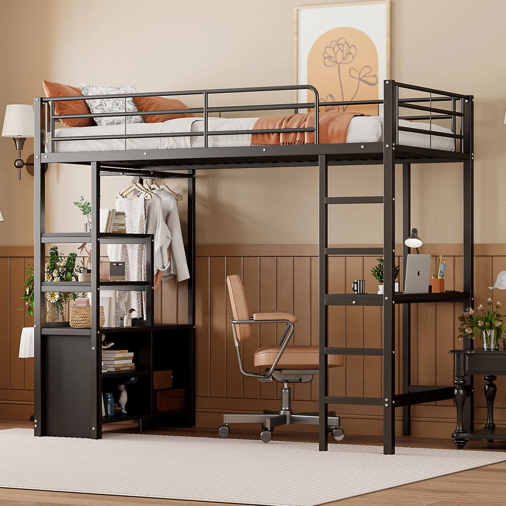 Letto a castello nero in metallo con scrivania presa usb 90x200 cm