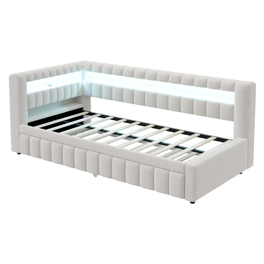 Letto imbottito 90x200 cm con letto estraibile; LED e USB in velluto beige