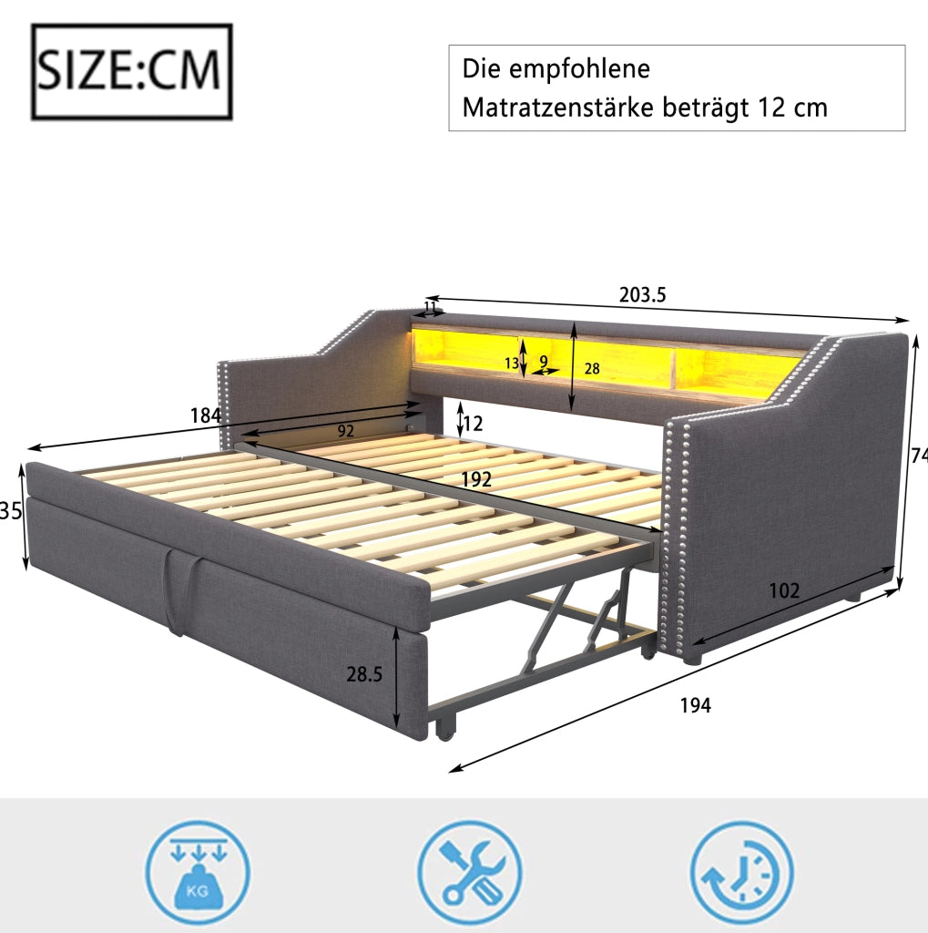Divano letto imbottito estraibile 90/180 x 190 cm con LED e USB; grigio scuro
