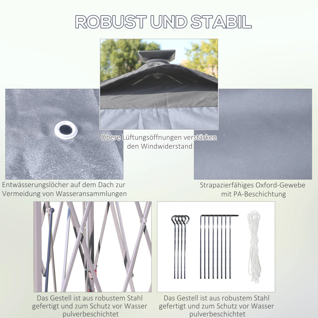 Gazebo 3;3 x 3;3 m con illuminazione LED; tende a rete; borsa da trasporto; grigio