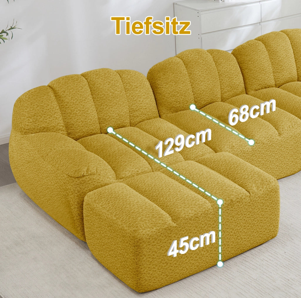Divano modulare 4 posti con ottoman in fleece granulato giallo; design senza struttura