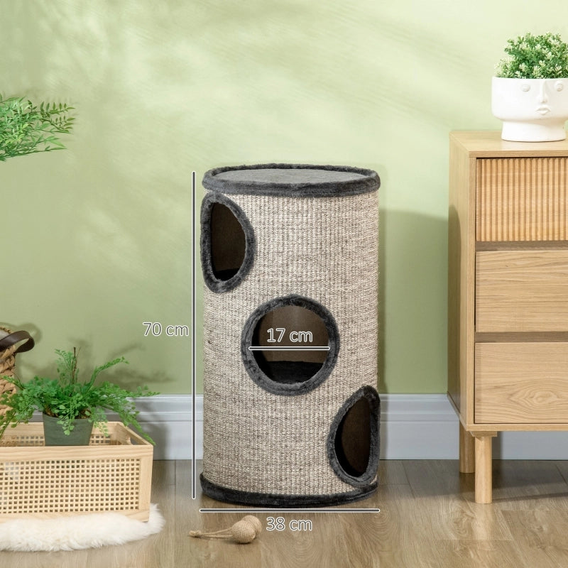 Tiragraffi a torre per gatti a 3 livelli con rivestimento in sisal e peluche, Ø38x70 cm, grigio chiaro