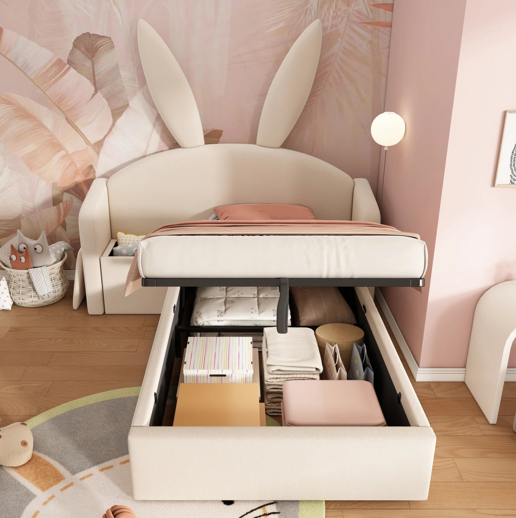 Letto singolo 90x200 cm con contenitore; comodino reversibile; velluto beige