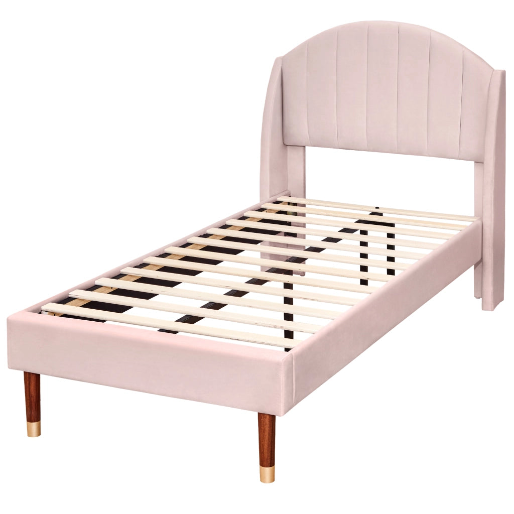 OKWISH Letto Singolo 90×200 cm con Testiera Imbottita e Rete a Doghe, senza Materasso, in Velluto, Rosa