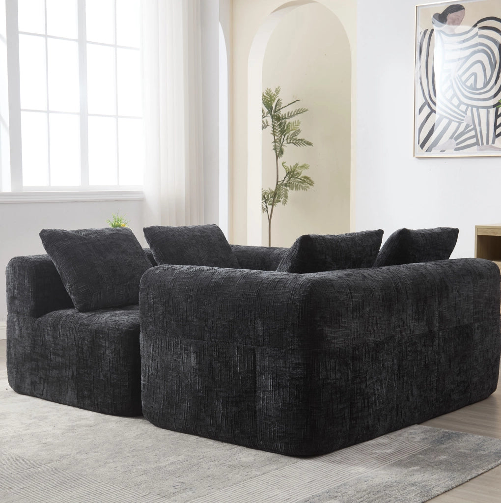 Divano modulare a L, 3 posti, tessuto chenille nero, con chaise longue e braccioli, 3 cuscini inclusi
