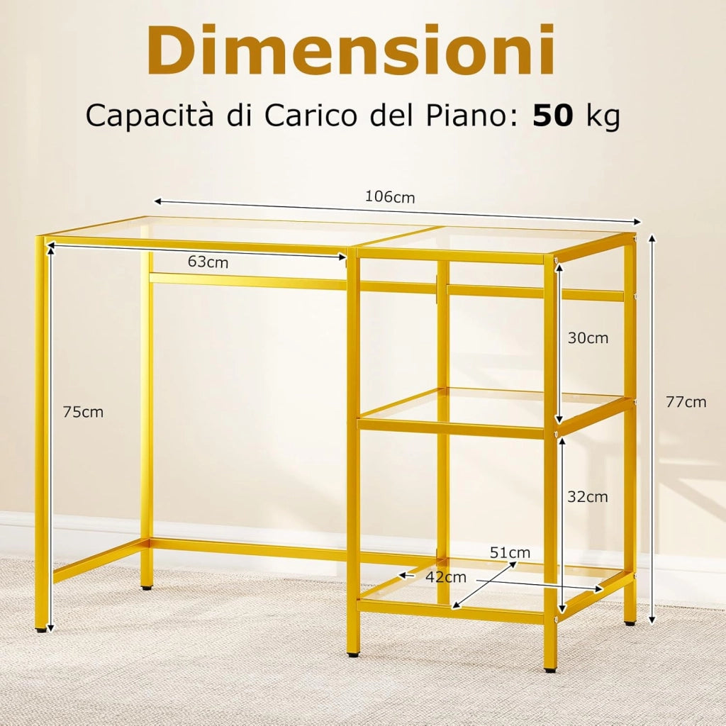 Scrivania con 2 Ripiani, Scrivania in Vetro Temperato e Acciaio, Scrittoio Salvaspazio e Moderno, Tavolo Versatile per Ingresso, Camera da Letto e Studio 106 x 51 x 77 cm (Oro)
