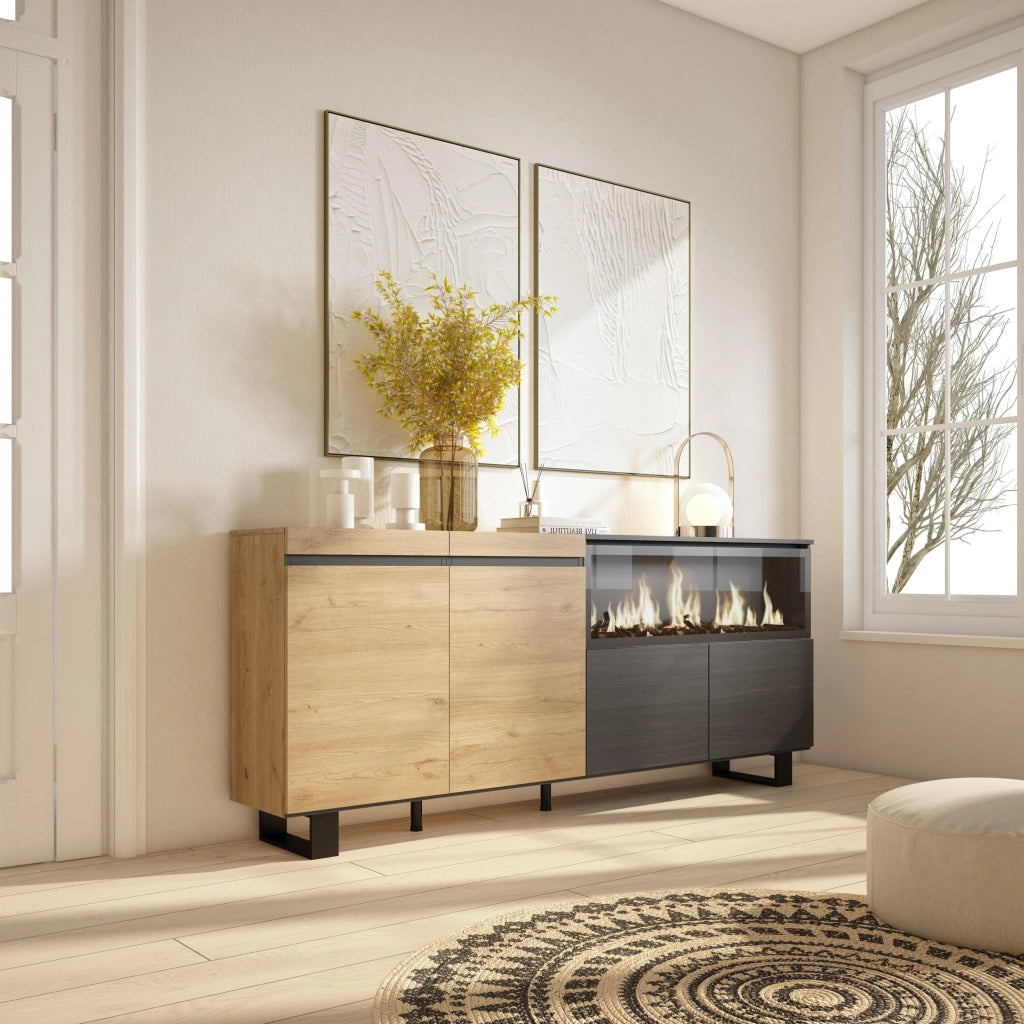 Credenza, Mobile, 208x35x87cm, 4 Porte, Camino elettrico XXL, Design industriale, colore Rovere e nero RF3224